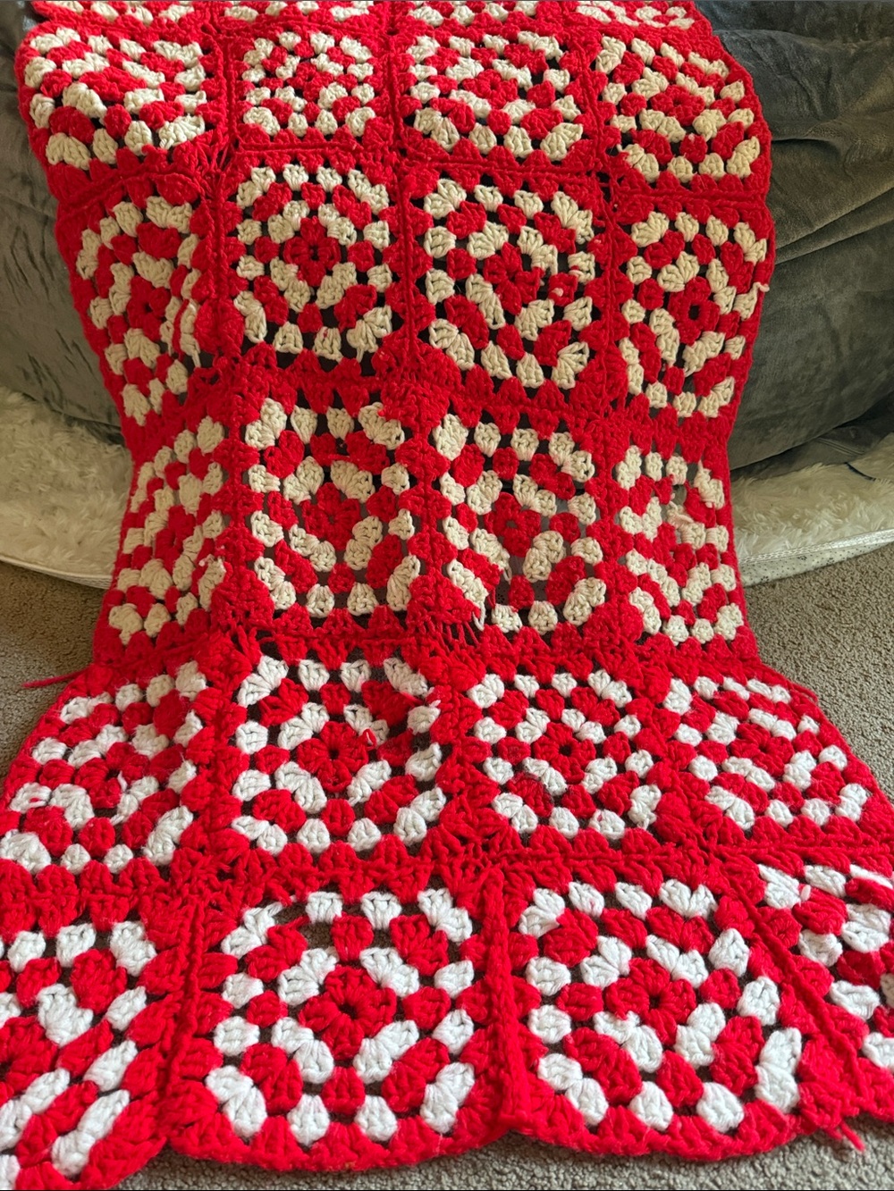 Hand Crafted Red and White Granny Square Crochet Throw Blanket